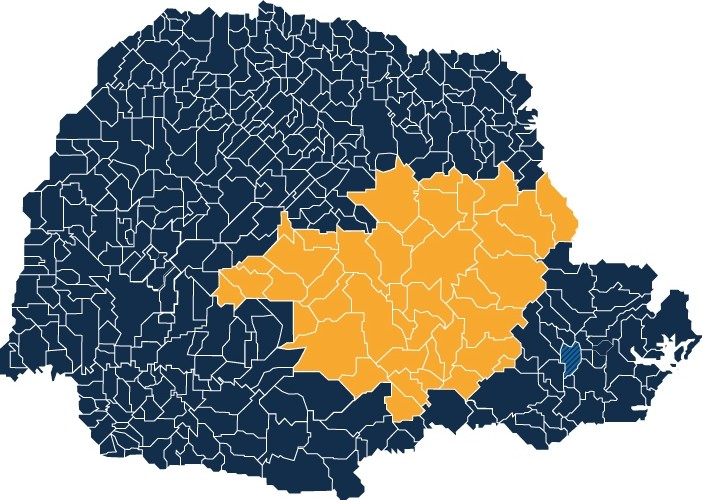 Mapa do Paraná, com destaque para os municípios da Região Central do estado