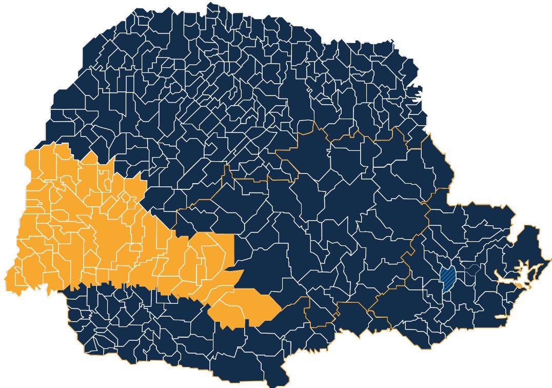 Mapa do Paraná, com destaque para municípios da Região Oeste do estado