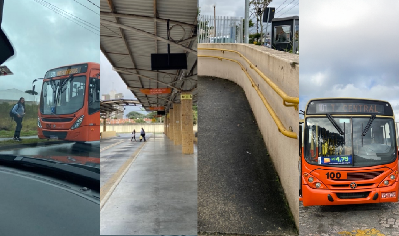 Falta de cobertura em parada de ônibus; falhas na sinalização e na acessibilidade do Terminal Central; e falta de sinalização em veículo